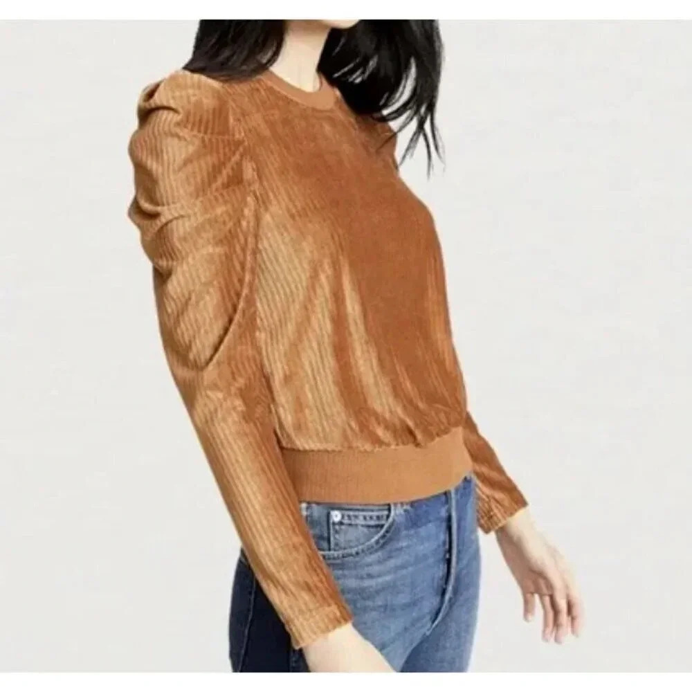 Moon River Velvet Puff Sleeve Ribbed Top Sweatshirt Brown Gold Sz S